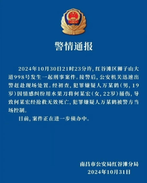 万某鹤（男，19岁），捅伤女子致死，被当场控制